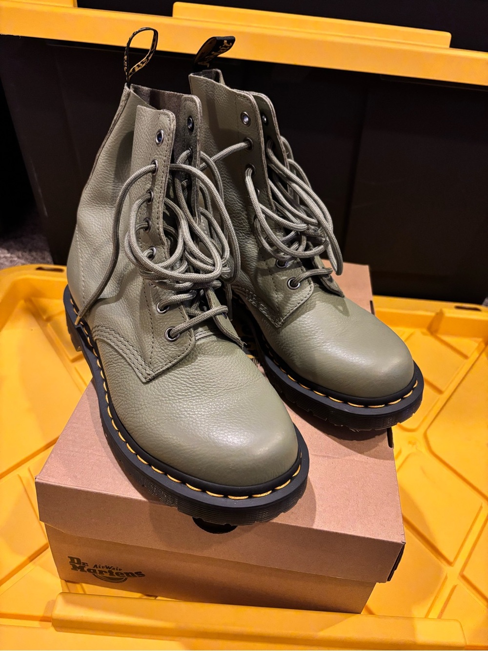 Dr. Martens Olive Green Leather Lace-Up Combat Boots with Yellow Stitching